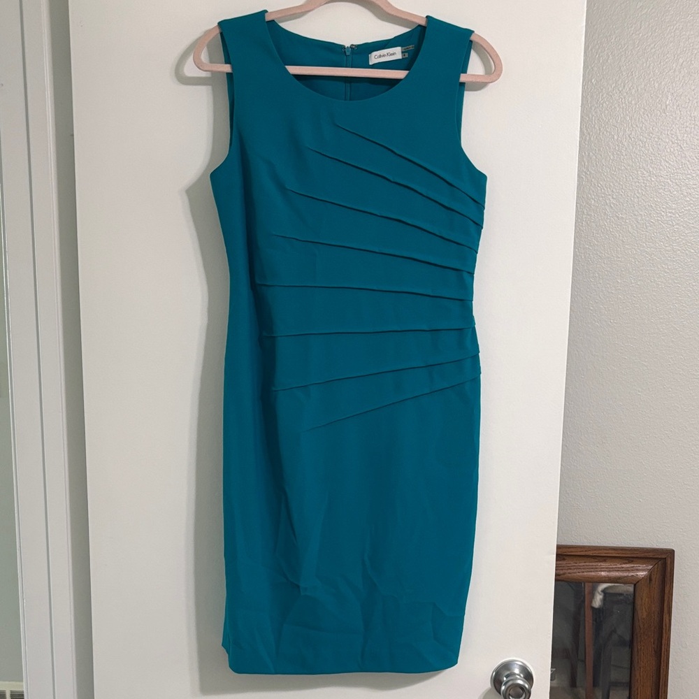 Calvin Klein Teal Pleated Sheath Midi Dress